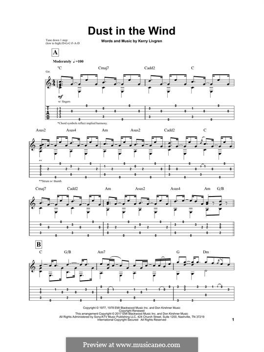 Dust in the Wind (Kansas): For guitar with tab by Kerry Livgren