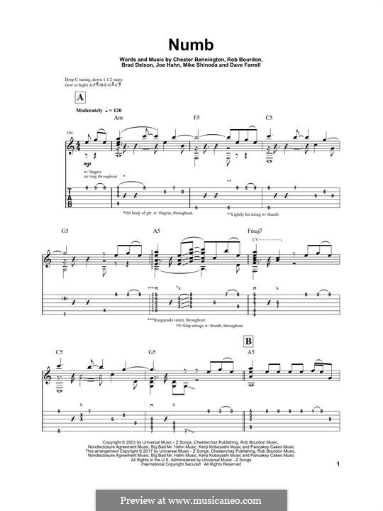 Numb (Linkin Park): For guitar with tab by Brad Delson, Charles Bennington, David Farrell, Joseph Hahn, Mike Shinoda, Rob Bourdon