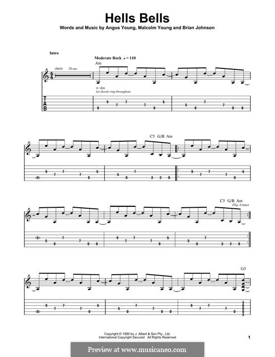 Hells Bells (AC/DC): For guitar with tab by Angus Young, Brian Johnson, Malcolm Young