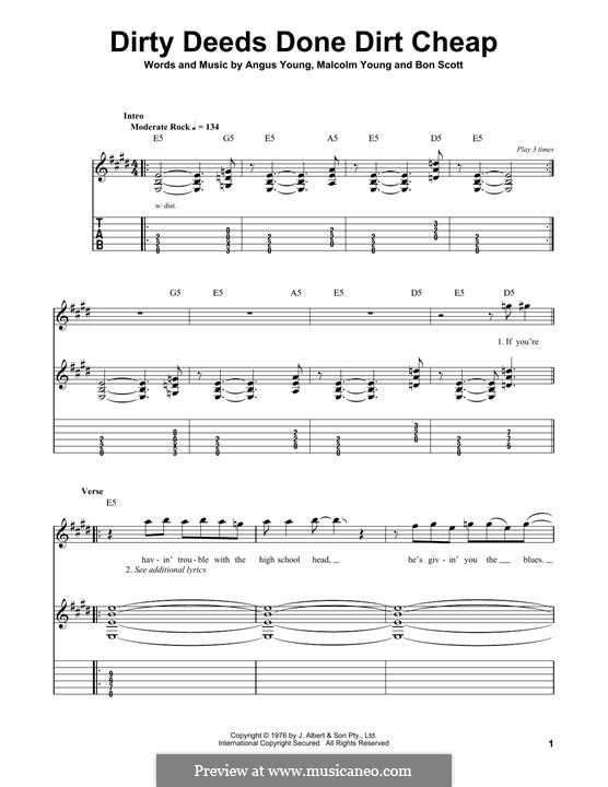 Dirty Deeds Done Dirt Cheap (AC/DC): For guitar with tab by Angus Young, Bon Scott, Malcolm Young