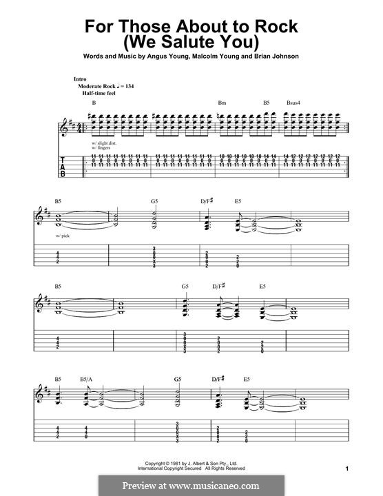 For Those About to Rock (We Salute You): For guitar with tab by Angus Young, Brian Johnson, Malcolm Young