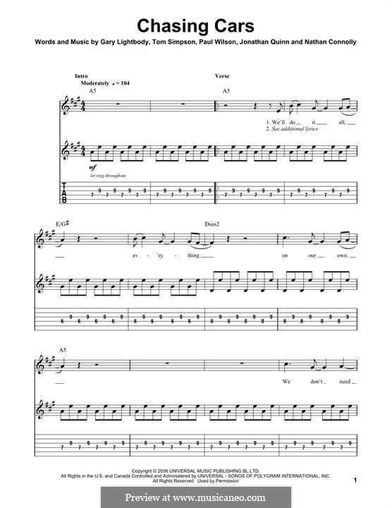 Chasing Cars (Snow Patrol): For guitar with tab by Gary Lightbody, Jonathan Quinn, Nathan Connolly, Paul Wilson, Tom Simpson