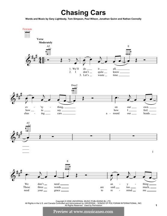 Chasing Cars (Snow Patrol): For ukulele by Gary Lightbody, Jonathan Quinn, Nathan Connolly, Paul Wilson, Tom Simpson