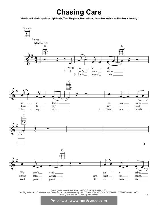 Chasing Cars (Snow Patrol): For ukulele by Gary Lightbody, Jonathan Quinn, Nathan Connolly, Paul Wilson, Tom Simpson