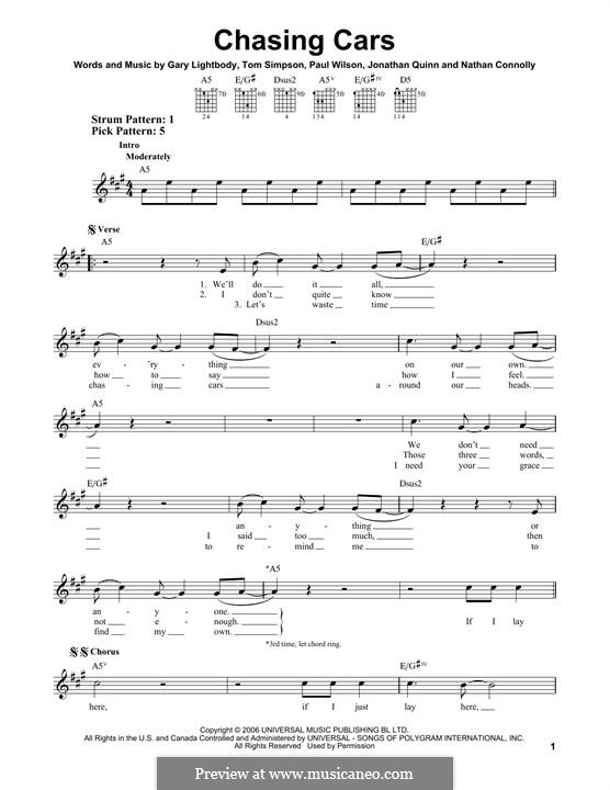 Chasing Cars (Snow Patrol): For guitar with tab by Gary Lightbody, Jonathan Quinn, Nathan Connolly, Paul Wilson, Tom Simpson