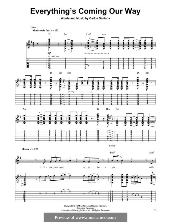 Everything's Coming Our Way (Santana): For guitar with tab by Carlos Santana