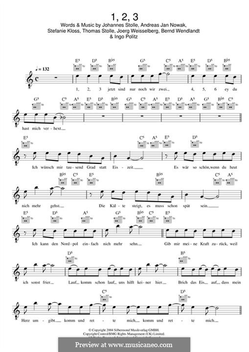 1, 2, 3 (Silbermond): Melody line by Johannes Stolle, Thomas Stolle, Andreas Jan Nowak, Stefanie Kloss, Joerg Weisselberg, Bernd Wendlandt, Ingo Politz