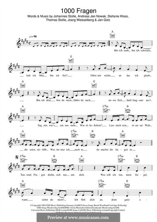 1000 Fragen (Silbermond): Melody line by Johannes Stolle, Thomas Stolle, Andreas Jan Nowak, Stefanie Kloss, Joerg Weisselberg, Jan Golz