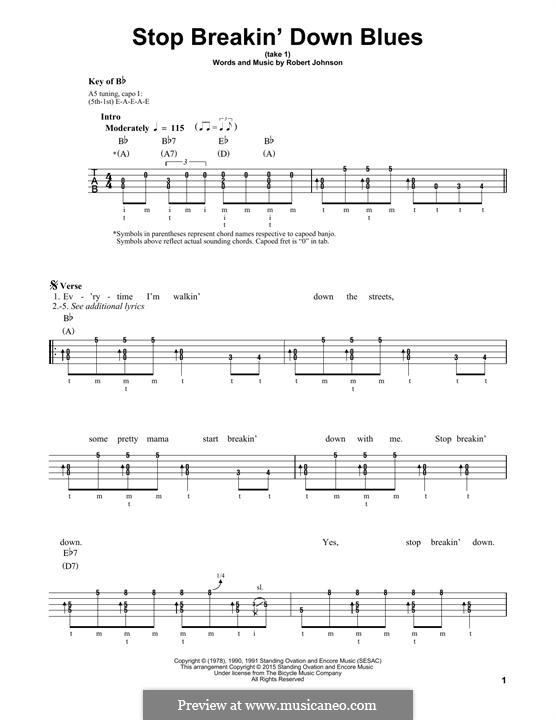 Stop Breakin' Down Blues (Eric Clapton): For banjo by Robert Leroy Johnson