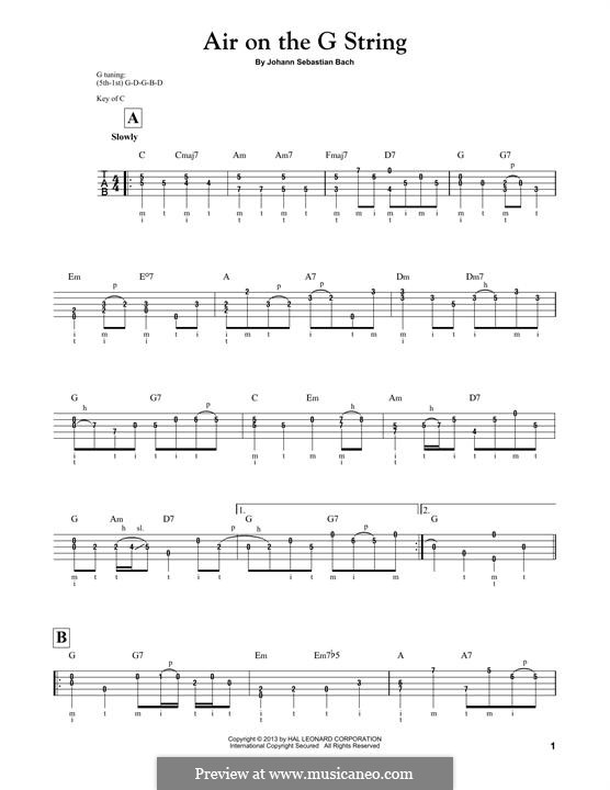 Aria (Printable Scores): Version for banjo by Johann Sebastian Bach