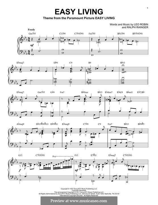 Easy Living (Billie Holiday): For piano by Leo Robin, Ralph Rainger