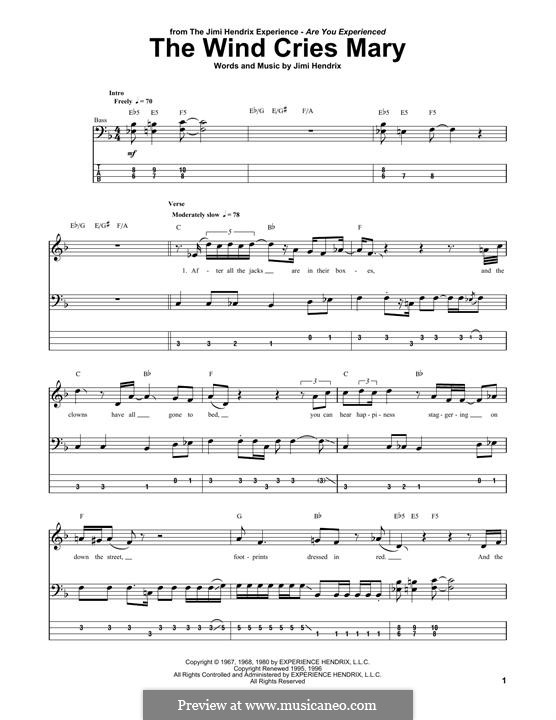 The Wind Cries Mary: For bass guitar with tab by Jimi Hendrix