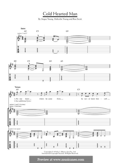 Cold Hearted Man (AC/DC): For guitar with tab by Angus Young, Bon Scott, Malcolm Young