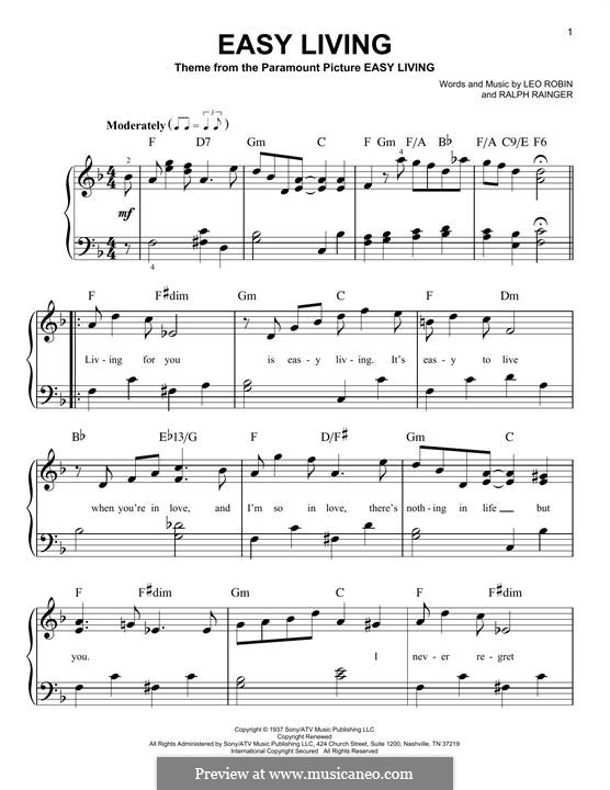 Easy Living (Billie Holiday): For piano by Leo Robin, Ralph Rainger