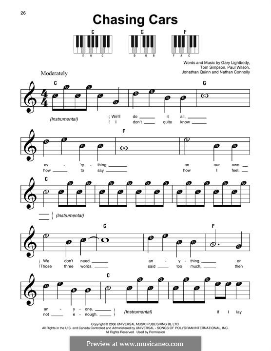 Chasing Cars (Snow Patrol): For any instrument by Gary Lightbody, Jonathan Quinn, Nathan Connolly, Paul Wilson, Tom Simpson