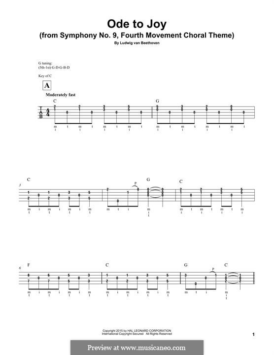 Ode to Joy (Printable scores): Version for banjo by Ludwig van Beethoven