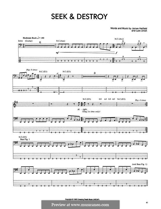 Seek and Destroy (Metallica): For bass guitar with tab by James Hetfield, Lars Ulrich