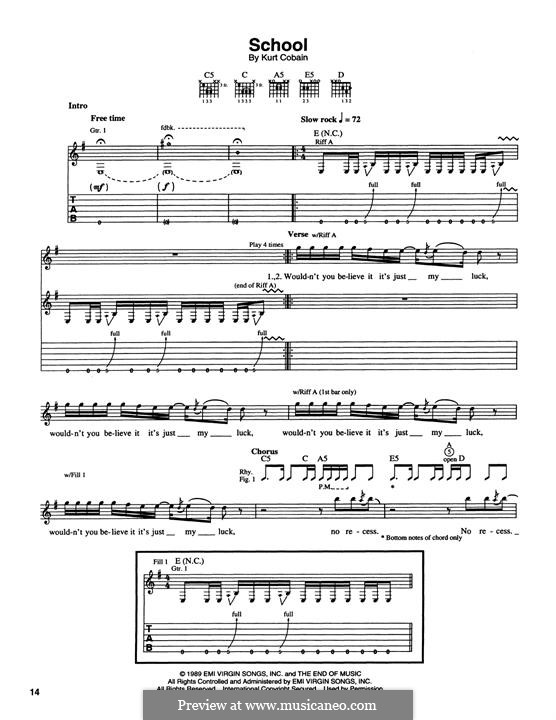 School (Nirvana): For guitar with tab by Kurt Cobain