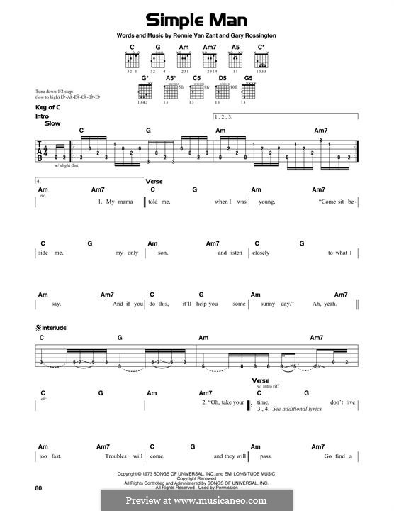 Simple Man (Lynyrd Skynyrd): For guitar by Gary Rossington, Ronnie Van Zant