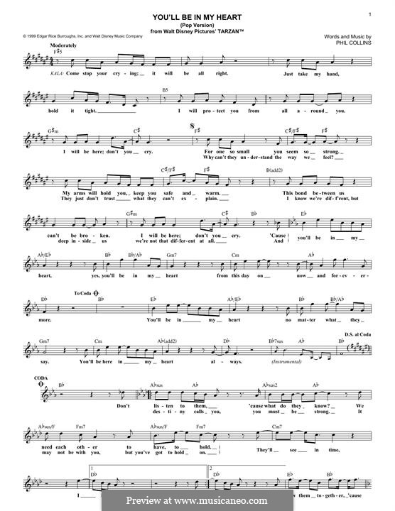 You'll Be in My Heart (from Walt Disney's Tarzan): Melody line by Phil Collins
