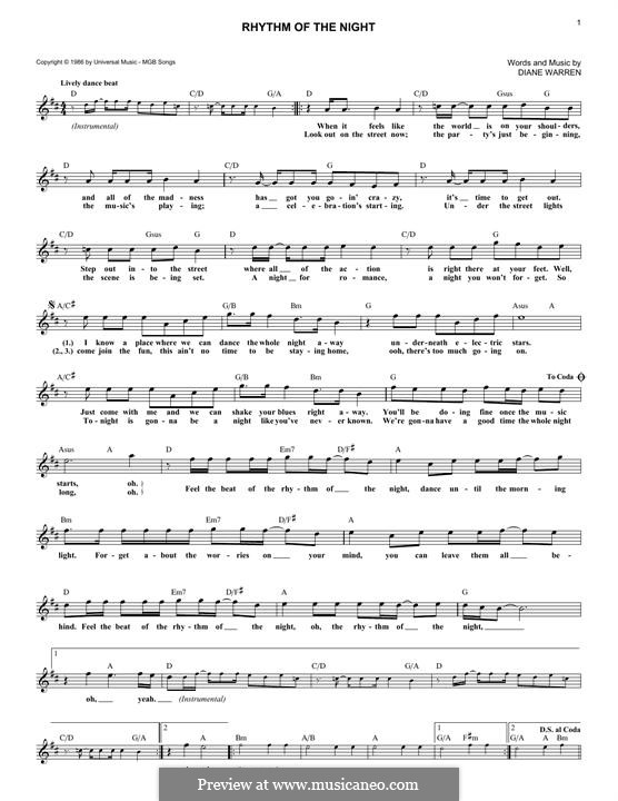 Rhythm of the Night (DeBarge): Lyrics and chords by Diane Warren