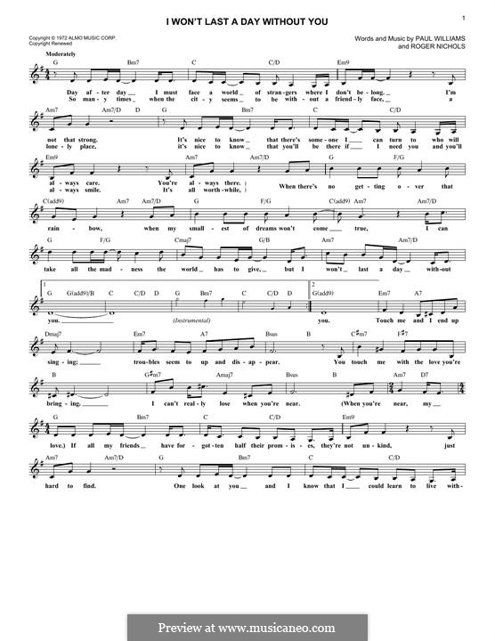 I Won't Last a Day without You (Carpenters): Lyrics and chords by Paul H. Williams, Roger Nichols