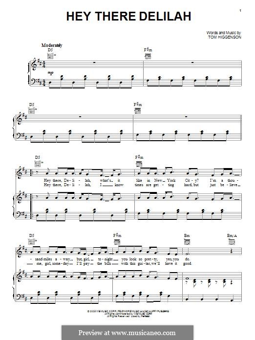 Hey There Delilah (Plain White T's): For voice and piano (or guitar) by Tom Higgenson
