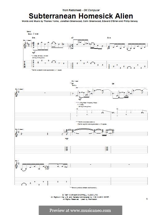 Subterranean Homesick Alien (Radiohead): For guitar with tab by Colin Greenwood, Ed O'Brien, Jonny Greenwood, Phil Selway, Thomas Yorke