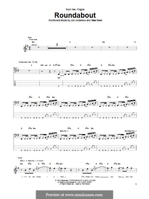 Roundabout (Yes): For bass guitar with tab by Jon Anderson, Steve Howe