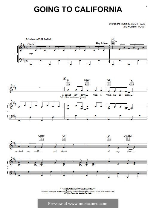 Going To California (Led Zeppelin): For voice and piano by Jimmy Page, Robert Plant