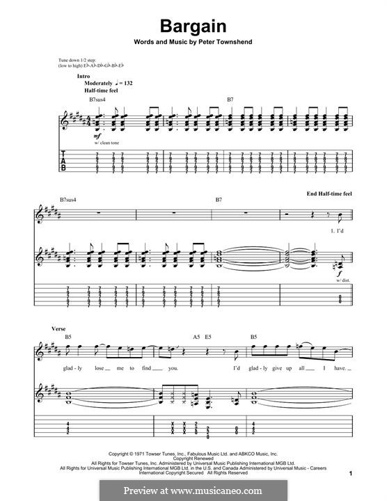 Bargain (The Who): For guitar with tab by Peter Townshend