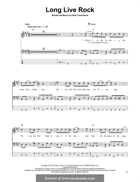 Long Live Rock (The Who): For bass guitar with tab by Peter Townshend