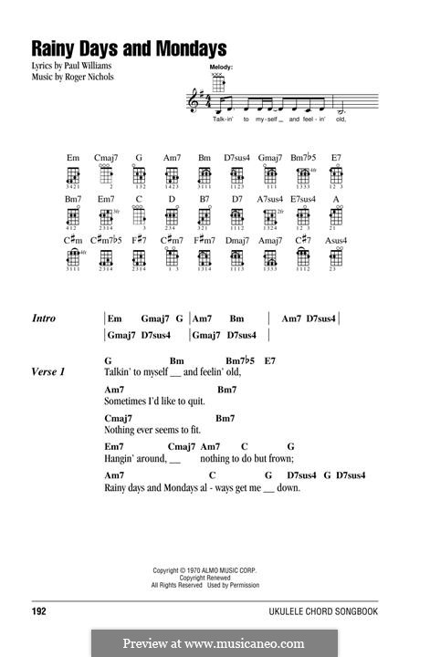 Rainy Days and Mondays (Carpenters): For ukulele by Paul H. Williams, Roger Nichols