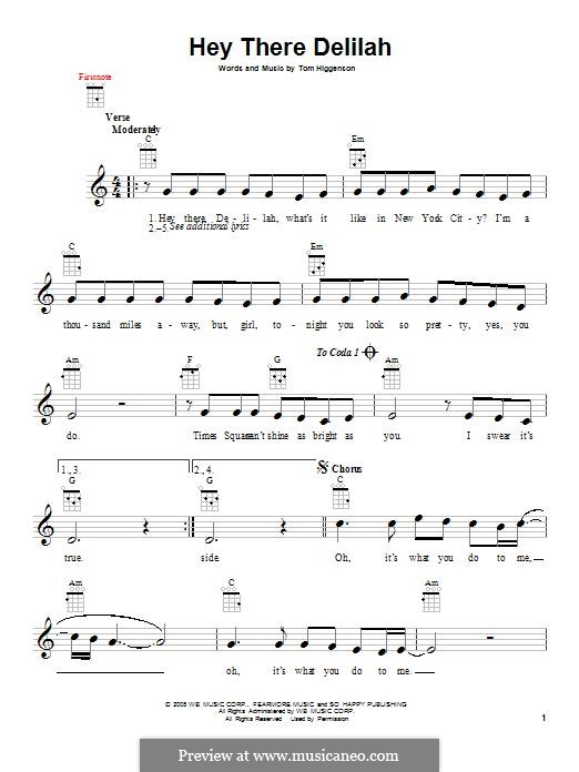 Hey There Delilah (Plain White T's): For ukulele by Tom Higgenson