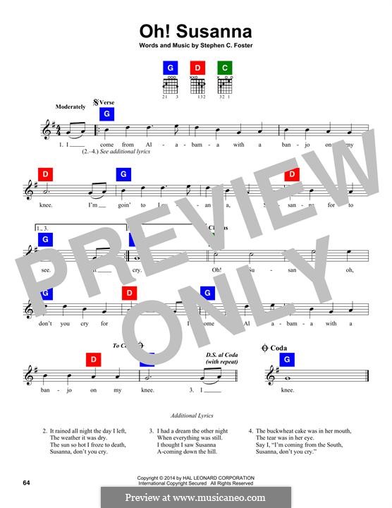 Oh! Susanna: Melody line by Stephen Collins Foster