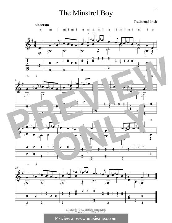 The Minstrel Boy (printable score): For guitar with tab by folklore