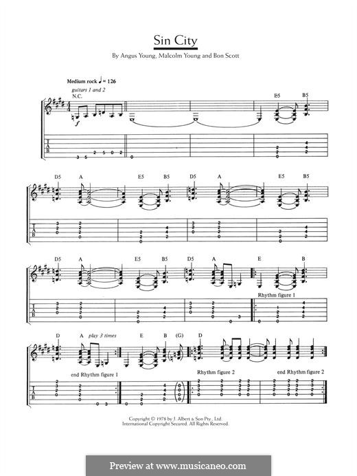 Sin City (AC/DC): For guitar with tab by Angus Young, Bon Scott, Malcolm Young