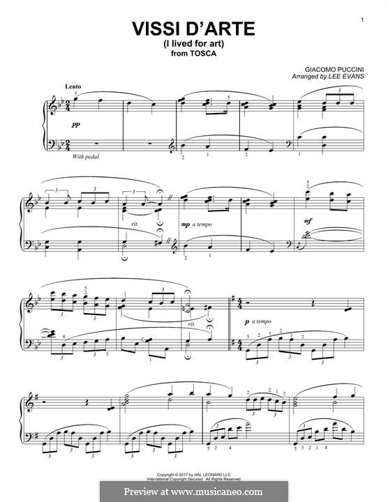 Tosca: Vissi d'arte, for piano by Giacomo Puccini