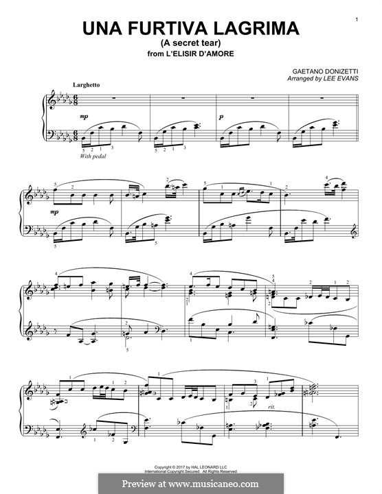 L'elisir d'amore (The Elixir of Love): Act II, Romance Nemorino 'Una furtiva lagrima', for piano by Gaetano Donizetti