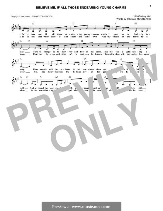 Believe Me, if All Those Endearing Young Charms: Melody line by folklore
