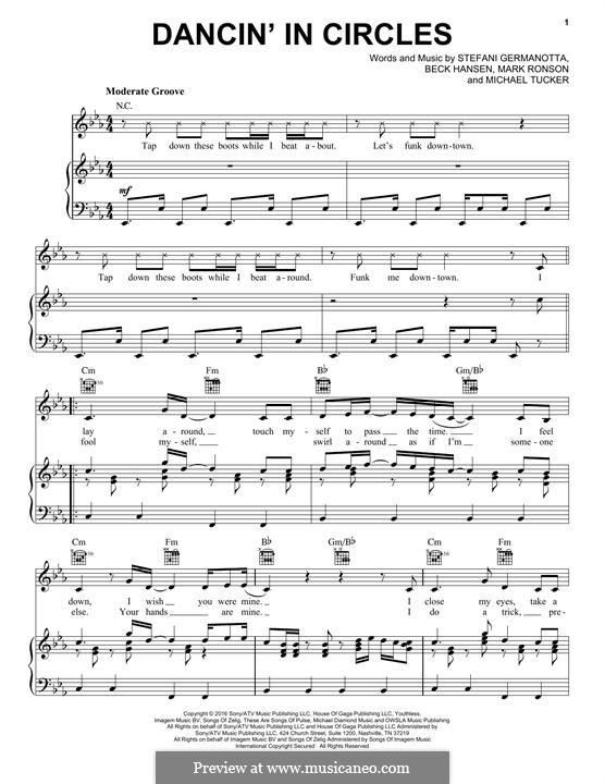 Dancin' in Circles (Lady Gaga): For voice and piano (or guitar) by Beck Hansen, Mark Ronson, Stefani Germanotta, Michael Tucker