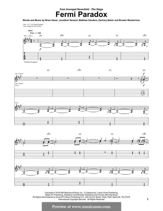 Fermi Paradox (Avenged Sevenfold): For guitar with tab by Brian Haner Jr., Jonathan Seward, Matthew Sanders, Zachary Baker, Brooks Wackerman