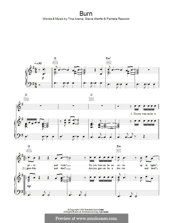 Burn (Tina Arena): For voice and piano (or guitar) by Pamela Reswick, Steve Werfel