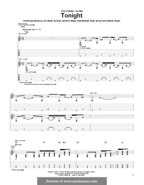 Tonight (Kutless): For guitar with tab by Nathan Stuart, Jon Micah Sumrall, Kyle Mitchell, James Mead, Ryan Shrout