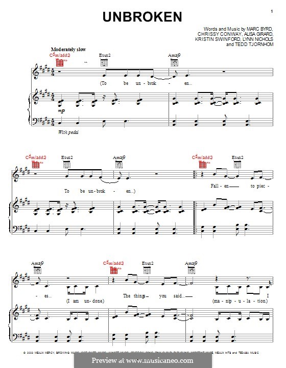 Unbroken (ZOEgirl): For voice and piano (or guitar) by Chrissy Conway, Marc Byrd, Tedd Tjornhom, Lynn Nichols, Alisa Girard, Kristin Swinford
