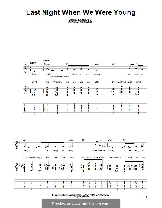 Last Night When We Were Young (Frank Sinatra): For guitar with tab by Harold Arlen