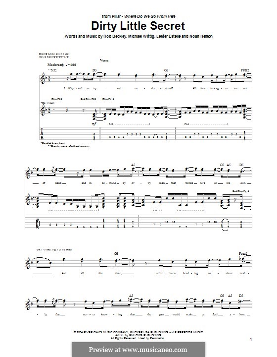 Dirty Little Secret (Pillar): For guitar with tab by Noah Henson, Rob Beckley, Michael Wittig, Lester Estelle