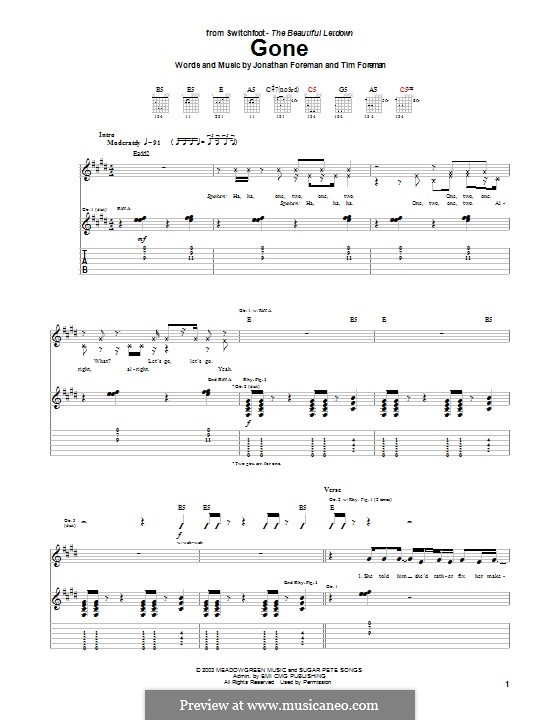 Gone (Switchfoot): For guitar with tab by Jonathan Foreman, Tim Foreman