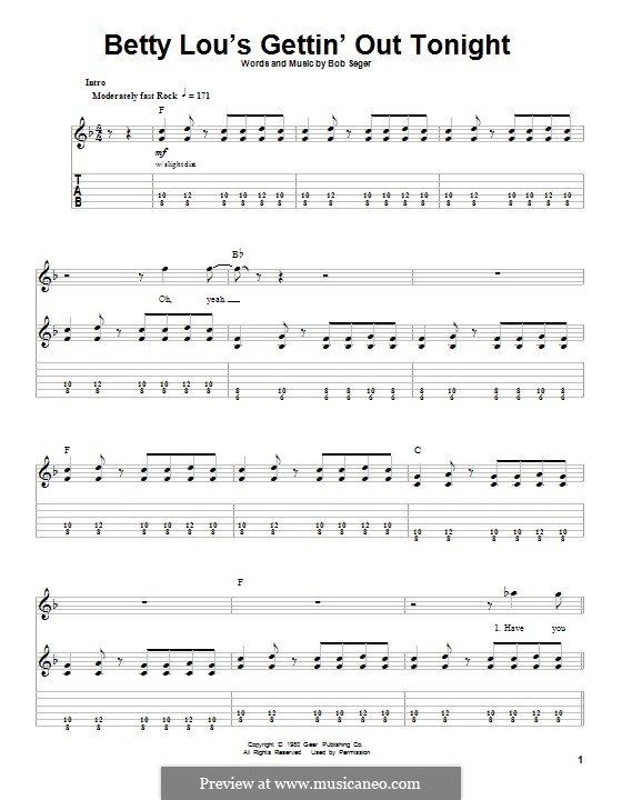 Betty Lou's Gettin' Out Tonight: For guitar with tab by Bob Seger