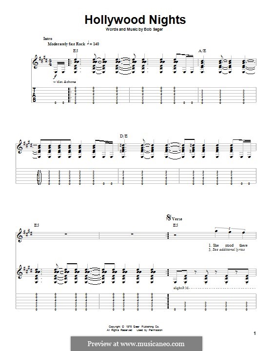 Hollywood Nights (Bob Seger and The Silver Bullet Band): For guitar with tab by Bob Seger